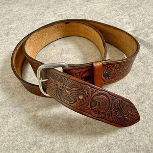 Brown Tooled Leather Belt Mens 38 Eagle Design Western Americana Cowboy Biker